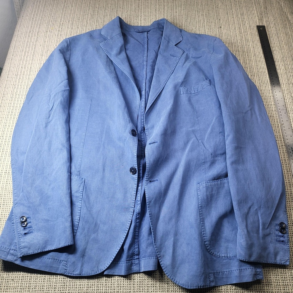 Lubiam Blazer Mens 58R Blue Solid Lyocell Linen Cotton Casual Sport Coat Italy
